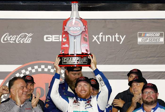 Chris Buescher celebrates after winning Saturday's Coke Zero Sugar 400 at Daytona International Speedway. (Photo by Chris Graythen/Getty Images)